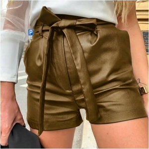 High Waist Black Leather Eco-Friendly Breathable Casual <b>Women's</b> Shorts with Zipper <b>Fly</b> Solid Pattern - Product Image 6