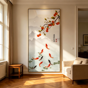 Arte Mural Vertical de Porcelana de Cristal con Diseño de Nueve Peces Koi y Melocotón Chino de la Suerte, con LED, para Regalo de Inauguración de Casa, Venta al por Mayor Personalizada - Product Image 1
