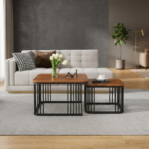 Set of 2 Modern Nesting Coffee Tables with Wooden Top and Black Metal <b>Frame</b> <b>Square</b> Living Room Side Table - Product Image 5