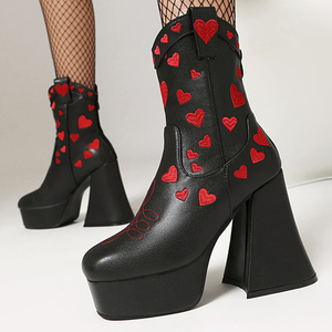 Bottines à talons hauts et épais pour femmes, avec broderie en forme de cœur, bout carré, fermeture éclair arrière, plateforme épaisse, bottines courtes - Product Image 4