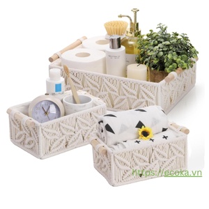 Giỏ lưu trữ macrame-Giỏ Boho dệt thủ công với lớp lót vải và tay cầm bằng gỗ cho phòng ngủ phòng khách nhà trẻ - Product Image 1