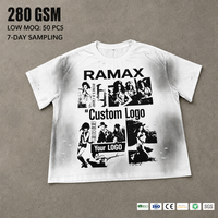 T-shirt en coton 100% RAMAX 280GSM blanc coupe ample effet vieilli avec logo personnalisé graphique écologique streetwear homme OEM ODM marque privée