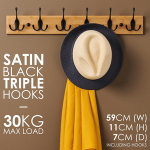 Perchero de bambú para montar en la pared con 6 ganchos de 590 mm de longitud para baño, dormitorio, sala de estar - Product Image 3