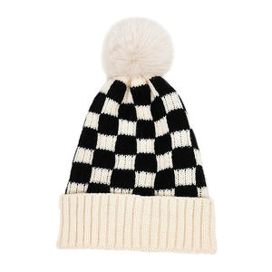 Haute qualité épais chaud acrylique <span class=keywords><strong>Plaid</strong></span> Jacquard tricot manchette bonnet chapeau noir <span class=keywords><strong>blanc</strong></span> pompon à carreaux <span class=keywords><strong>avec</strong></span> impression numérique - Product Image 4