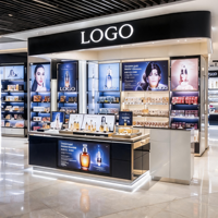 Solution complète de comptoir pour marque de cosmétiques White Black Skincare, avec îlot de présentation lumineux numérique Arc Fascia, base flottante LED et aménagement de magasin Duty Free