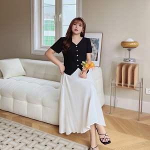 Falda Midi Runqi N8729 Color Blanco Leche, Corte en A, Cintura Alta, Chifón, Color Sólido, Talla Grande para Mujer, Cintura Elástica - Product Image 2