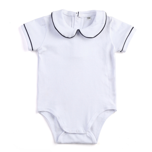 Custom Embroidery Newborn Baby Boy Short Sleeve Bubble RomperBlank Cotton Collared Piping Toddler Boy Plain <strong>White</strong> Outfit <strong>Onesie</strong> - Product Image 3