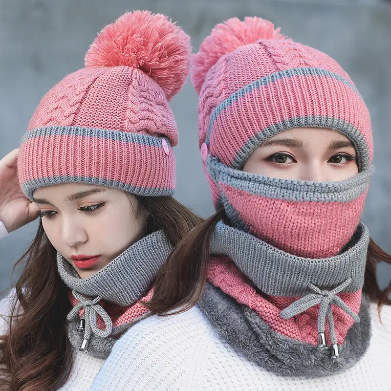 Лидер продаж, зимняя теплая шерстяная шапка для женщин, вязаная шапка для велоспорта на открытом воздухе, осенне-зимняя шапка, маска, шарф, костюм
