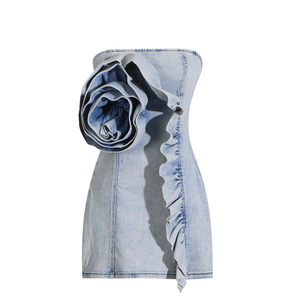 Vestidos Mini de Mezclilla Ajustados y Sexys con Flores 3D en el Hombro Descubierto para Mujer, Novedades MF, Color Azul, para Fiestas y Clubes - Product Image 6