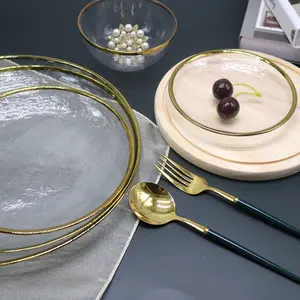 Скандинавская обеденная тарелка, прозрачная стеклянная тарелка с золотым ободком, круглые сушеные фрукты, закуски, тарелка для еды в западном стиле, Прозрачная чаша с логотипом заказчика