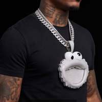 Meilleure Vente Collier Pendentif Visage de Dessin Animé Hip Hop en Moissanite, Grandes Yeux, Bijou Statement Sertie de Pierres pour Streetwear et Soirées
