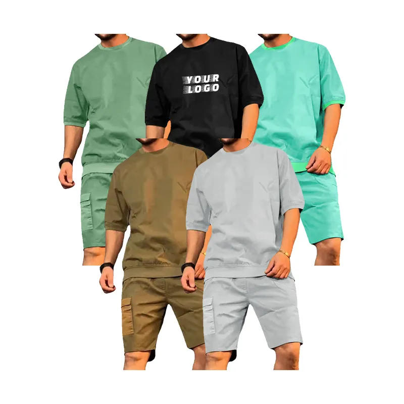 Summer work wear men casual short and short sleeves two-piece pure cotton slim custom screen printed logo
