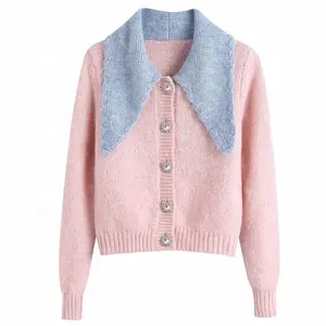 Sweater Women 2020 Jewel Button Knit Cardigan Coat Woman Long Sleeve Knitted Sweaters Female Sweet Autumn Winter Pink Top