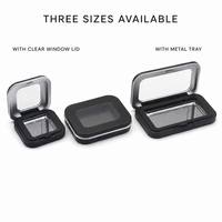 En stock : Boîtier compact vide pour cosmétiques avec fenêtre transparente, disponible en trois tailles (petit, moyen, grand), boîte à poudre noire avec plateau métallique