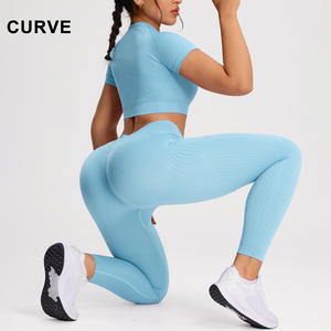 Conjunto de Yoga para Mujer, Cintura Alta, Cuello Redondo, Leggings Elásticos en Cuatro Direcciones, Top Corto de Manga Corta, Ropa Deportiva Azul - Product Image 4