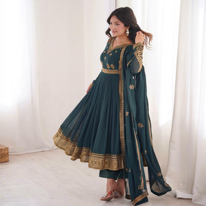Ensemble Anarkali vert sarcelle en faux georgette épaisse pour femme, imprimé feuille d'or brodé, séchage rapide, longueur ras du sol, style indien pakistanais - Product Image 1