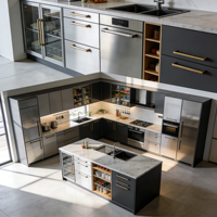 Îlot de cuisine moderne en PVC laqué brillant avec design bicolore et tiroirs de rangement