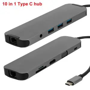 High End Adapter With HDMI / VGA/ USB3.0/ RJ45/ PD/ Stereo Audio/ SD/ Micro SD 10 In 1 USB C Hub For Laptop