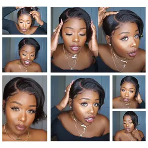 วิกผมแท้ 100% แบบโปร่งใสสำหรับติดตั้งด้านหน้าแบบลูกไม้ สำหรับ<span class=keywords><strong>ผู้หญิง</strong></span> ตัดผมบ๊อบสั้น  แบบถอนขนมาแล้ว <span class=keywords><strong>ผม</strong></span>บราซิล ความหนาแน่น 200% - Product Image 3