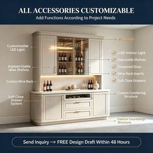Meuble bar encastré sur mesure avec accents dorés, coins cannelés incurvés, plateau en marbre, portes vitrées, éclairage LED, rangement pour <span class=keywords><strong>vin</strong></span>, tiroirs, OEM - Product Image 2