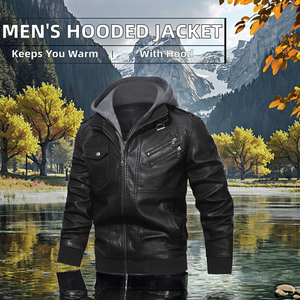 New <b>Men's</b> Leather <b>Jackets</b> Autumn Casual Motorcycle PU <b>Jacket</b> <b>Biker</b> Zipper Front Logo Warm Hooded - Product Image 2