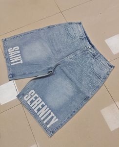 تصميم مخصص مبعثر حجر الراين فضفاض الدنيم Jorts المتعثرة تنحنح ضوء غسل الرجال الجينز السراويل كبيرة الحجم جوهرة الماس الجينز السراويل - Product Image 4