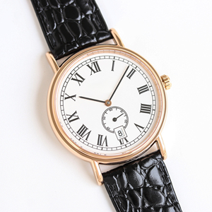 Reloj Mecánico de Estilo Vintage Original con Números Romanos, Esfera Dorada Rosa, Correa de Cuero Genuino y Caja - Product Image 1