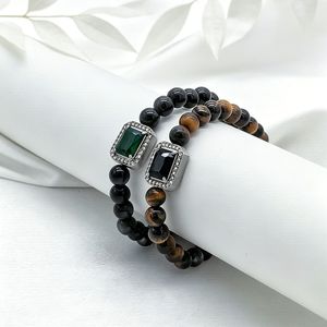 yunnique Tiger's Eye Silver Obsidian <b>Beaded</b> <b>Bracelet</b> Geometric Design For Men And Women Gift Jewelry - Product Image 3