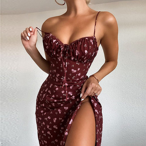 Dark Red Dress - Formal Floor-Length Satin Gown - V-Neck Elegant Design