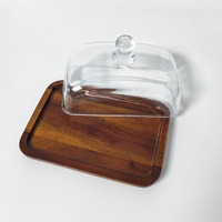 Plat de service et de conservation en verre facile à nettoyer avec base en bambou/bois pour beurre, fromage, desserts, gâteaux, crème et fruits
