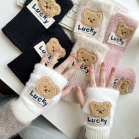 Gants mi-doigts en peluche tricotée avec motif ours mignon, manchette en peluche, chauds pour l'hiver, parfaits pour l'écriture, le bureau et les études