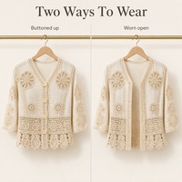 Blouse en dentelle crochetée sur mesure OEM pour femmes, boutonnée, manches 3/4, cardigan ajouré floral, beige, décontracté pour le bureau