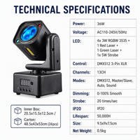 Mini Cabeza Móvil de Luz para Escenario 36W LED RGBW Láser Estroboscópico Flash Sincronización de Sonido DMX Modo Maestro Esclavo Automático para KTV, Sala, Fiesta, Hogar