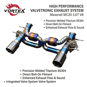 Système d'échappement à soupapes Vortex Blue Titanium pour Maserati MC20 3.0T V6 Nettuno avec double sorties d'échappement et X-Pipe central - Product Image 1