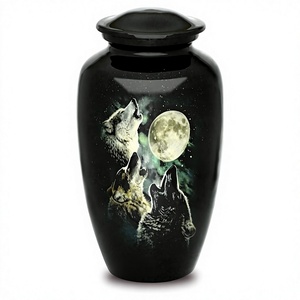 NOUVEAU DESIGN URNE DE CRÉMATION EN MÉTAL Loup imprimé sur la photo de l'Urne de crémation pour adultes Moon Light - Product Image 1