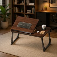 Table d'appoint pliable pour ordinateur portable avec ventilateurs USB doubles, plateau en bois massif, pieds en métal, réglage de la hauteur sur 5 niveaux, inclinable, support de tasse