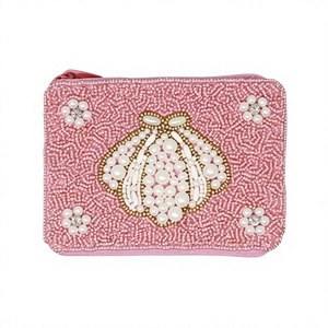 <b>Pink</b> Beaded Coin <b>Purse</b> With Pearl Shell Design Vintage Handmade Clutch Mini Size Female Style - Product Image 1