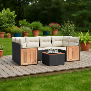 Conjunto de Sofá de Jardín de Ratán Negro para 6 Personas, Muebles de Exterior Resistentes a la Intemperie, Diseño Contemporáneo, Paneles de Madera de Teca - Product Image 2