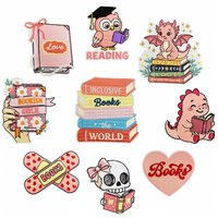 Patchs thermocollants brodés sur le thème de la lecture, vente en gros, motifs mignons Dragon, Hibou, Crâne, appliques à coudre sur le thème du livre, logo personnalisé pour sac à dos