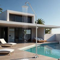 Colonne de douche extérieure moderne en acier inoxydable brossé noir, ensemble de douche pour piscine et plage, avec pommeau de douche pluie circulaire pour eau froide