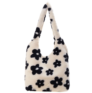 ファッションINSヴィンテージフラワーホーボーファジー黒人女性ぬいぐるみホワイトファーリー財布かわいいぬいぐるみカジュアルスウィートファー脇の下ショルダーハンドバッグ - Product Image 1