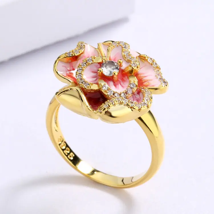 Nuove squisite signore KYRA01359 fiore rosa anello in oro 18 carati gioielli CZ smalto fatto a mano elegante anello fiore da donna