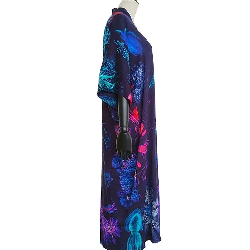 Dames Custom Bloemen Digital Print Op Zijde Sheer Chiffon Strand Kimono Lange