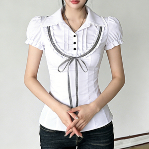 Chemisier plissé à col roulé et nœud contrastant pour femme, style preppy estival, manches courtes, couleur unie, décontracté - Product Image 6