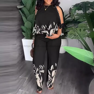 Women's Round Neck Raglan Sleeve <b>Beaded</b> <b>Top</b> With Positioned Print Long Pants Plus Size 2-Piece Set Fashion - Product Image 2