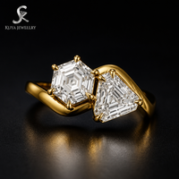 Toi Et Moi Bague de fiançailles en or massif avec deux diamants de laboratoire, taille hexagonale, coupe étagée, style bypass