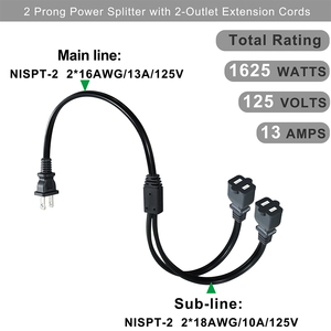 Nema <span class=keywords><strong>1</strong></span>-15P كابل تقسيم مزدوج <span class=keywords><strong>1</strong></span>-15r كابل طاقة 2-الشق ذكر أنثى <span class=keywords><strong>NISPT</strong></span> 16AWG 18AWG 10A/V أسلاك تمديد - Product Image 2