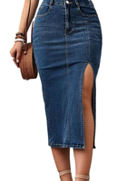 Jupes midi en jean pour femmes, longues, en denim, avec fente latérale à la cuisse, poches, taille haute extensible, coupe crayon, bleu foncé, taille XL, lavage en machine, importées