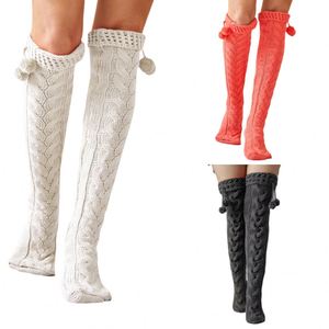 Calcetines Largos de Mujer, Medias de Punto de Lana con Bola de Pelo, por Encima de la Rodilla - Product Image 1