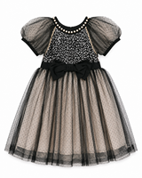 Robe en tulle à pois noirs pour filles avec bordure en perles, manches bouffantes, coupe trapèze, longueur genou, ODM PT.ANGELINA